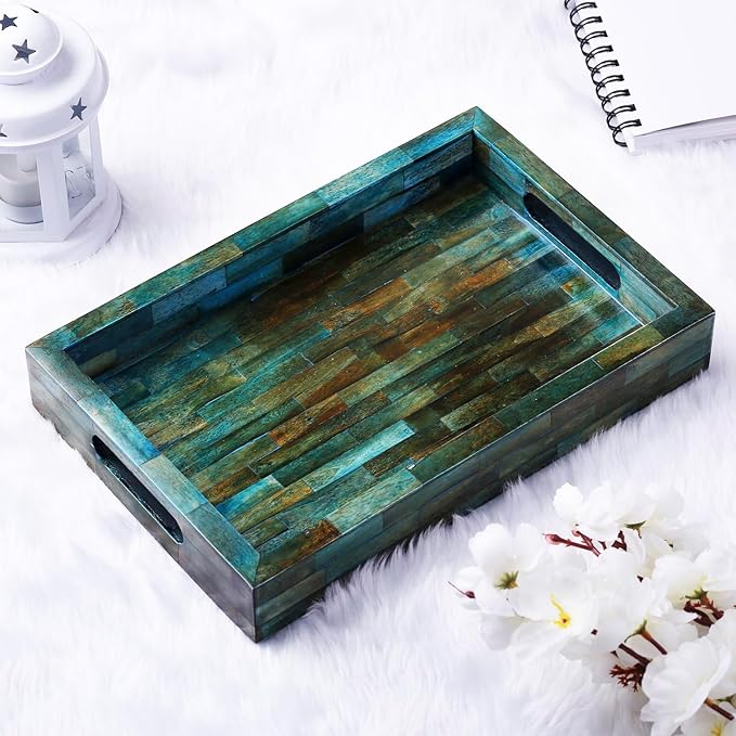 Handicrafts Home Verdigris Bone Inlay Decorative Tray 17x11, Handmade Organizer Coffee Table & Ottoman Tray with Handles, Serving Tray for Guest Living Room, Dining & Centerpiece Home Decor Gift