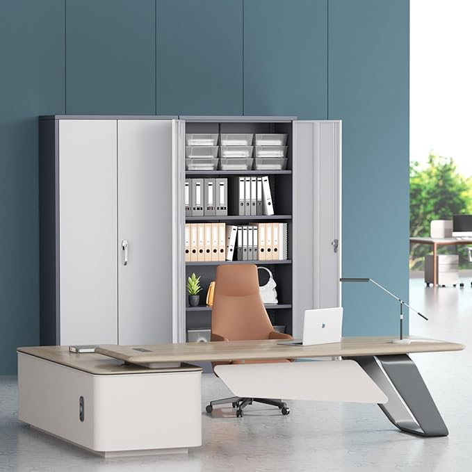 INTERGREAT Metal Lockable Storage Cabinet, 72” H Storage Cabinets with 2 Doors and 4 Adjustable Shelves for Office, Home, Garage, Pantry (Assembly Required, Gray White)