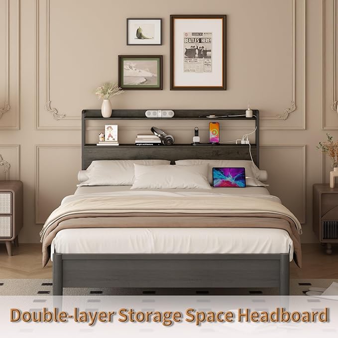 METYERRY Adjustable Full Size Headboard with Outlets, USB Ports,Type-C,LED Lights, and Storage, Rustic Brown, Sturdy Headboard for Enhanced Comfort and Functionality,Black Oak,Bed Frame NOT Included