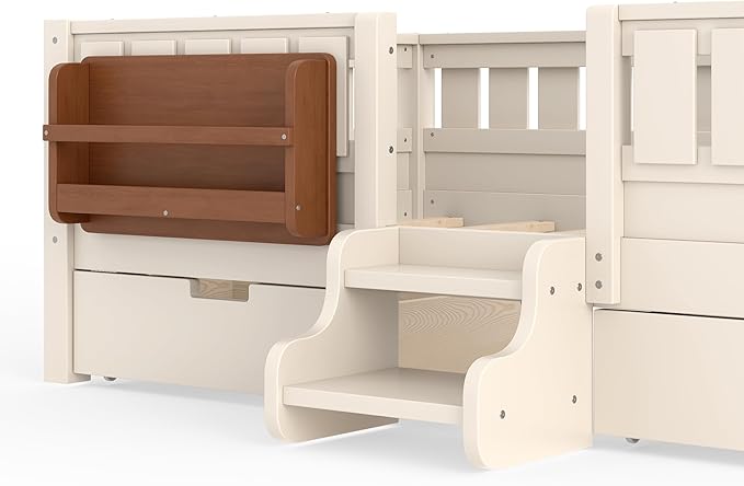 Bellemave Twin Bed with Storage Drawers & Bookshelf, Low Profile Kids Bed Frame with Staircase & Full Length Guardrails, Solid Wood Twin Bed for Kids with Slats Load 300LBS, Easy Assembly, Beige