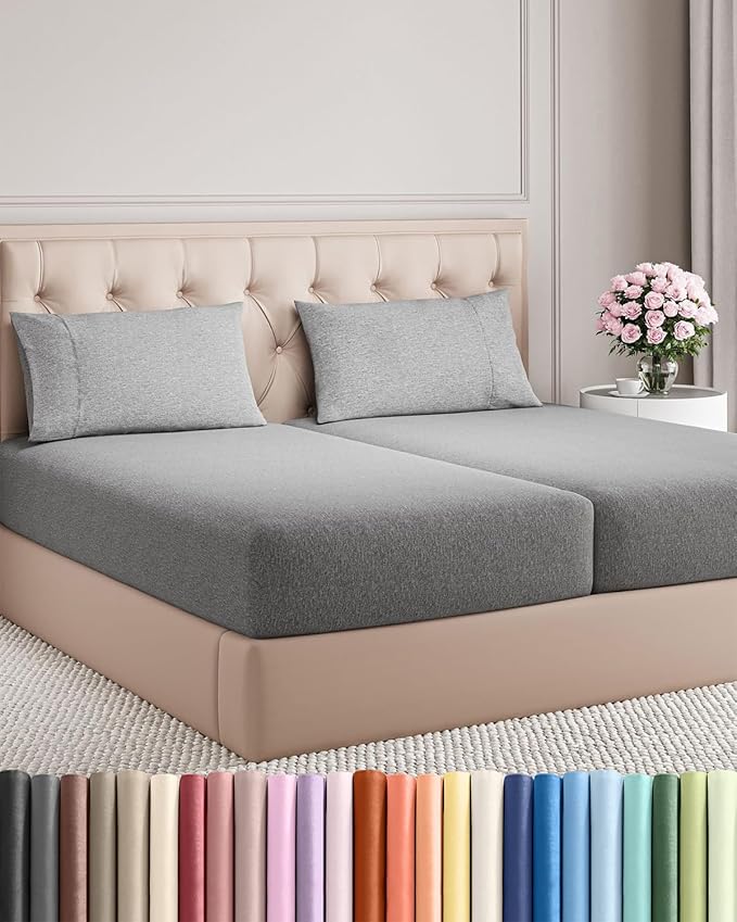 Split King Size 5 Piece Sheet Set - Comfy Breathable & Cooling Sheets - Hotel Luxury Bed Sheets for Women & Men - Deep Pockets, Easy-Fit, Soft & Wrinkle Free Sheets - Heathered Grey Oeko-Tex Sheets