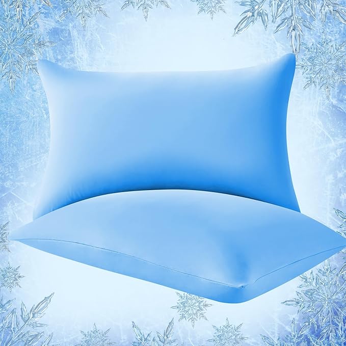 Elegear Cooling Pillow Cases for Hot Sleepers, Japanese Q-Max>0.55 Arc-Chill Cooling Pillowcases, Double Sided Elastic Cooling Pillow Covers with Hidden Zipper, Set of 2-Stretch Blue King (20" x 36")