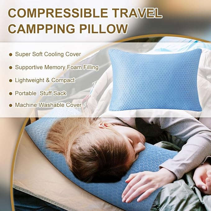 Ivellow Travel Pillow Camping Pillow for Sleeping Cooling Shredded Memory Foam Pillow Compressible Compact Medium Firm,Breathable Soft Cover,Ideal Outdoor Car Backpacking Hiking Essential Gear Blue S
