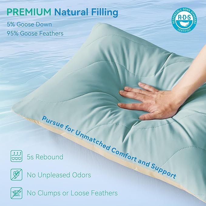 Three Geese Cooling Goose Down Feather Pillows King Size Set of 2 for Hot Sleepers, Q-Max>0.45, Cooling Hotel Bed Pillows with Washable Removable Cover, 20" x 36"