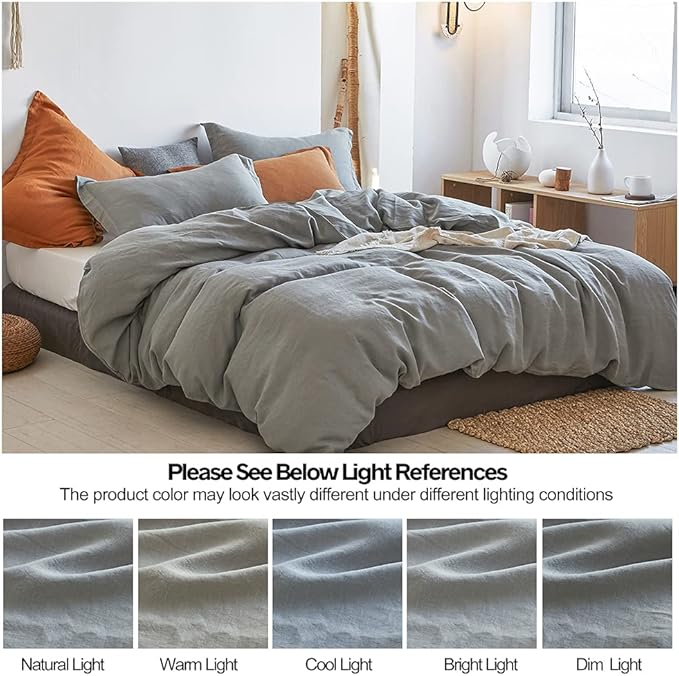 Simple&Opulence 100% Linen Duvet Cover Set 2pcs Basic Style Natural French Washed Flax Solid Color Soft Breathable Farmhouse Bedding with Button Closure - Ultimate Grey, Twin