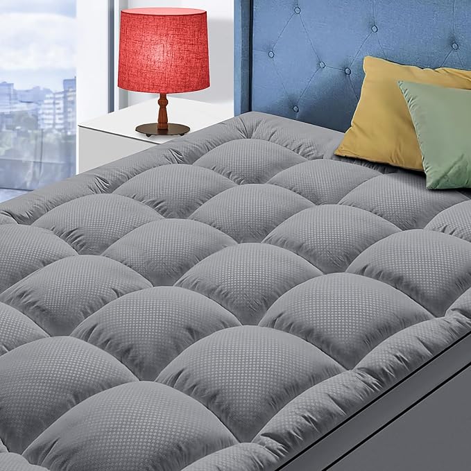 King Size Mattress Topper for Back Pain, Cooling Extra Thick Mattress Pad Cover with 8-21 inch Deep Pocket, Plush Pillow Top Mattress Topper Overfilled with Down Alternative, King Size, Dark Grey