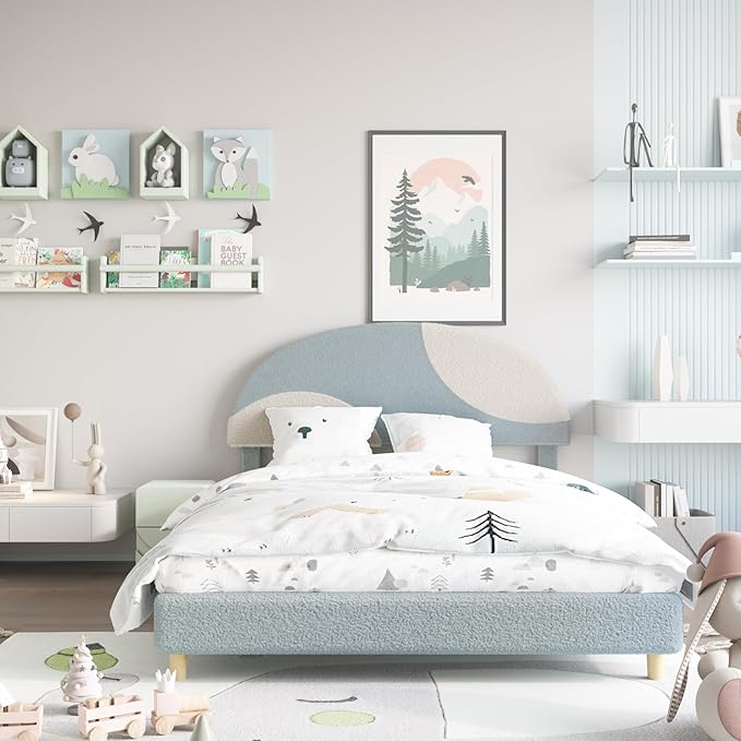 Garvee Full Bed Frame with Upholstered Round Boucle Headboard, Arch-Shaped Design in Soft Blue and White, Modern Kids Bed with Wooden Slats, No Box Spring Required and Easy Assembly