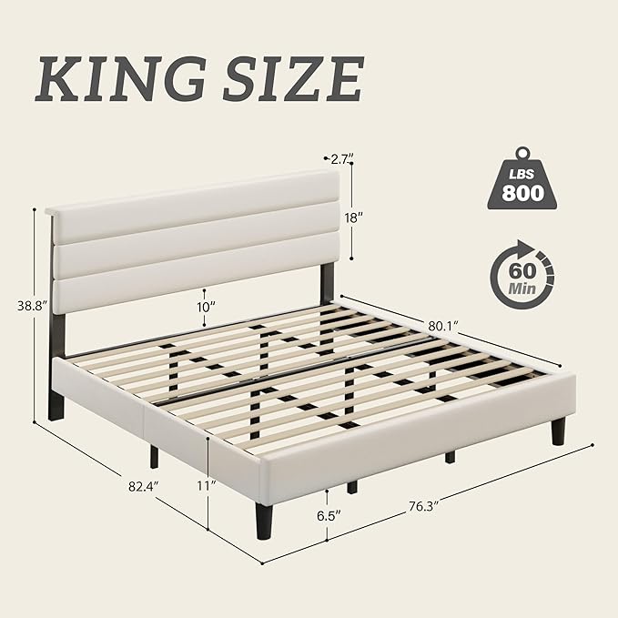 Fluest King Size Bed Frame, Platform Bed Frame with Velvet Upholstered Headboard, No Box Spring Needed, Sturdy Metal Support, Noise Free, Easy Assembly, Beige