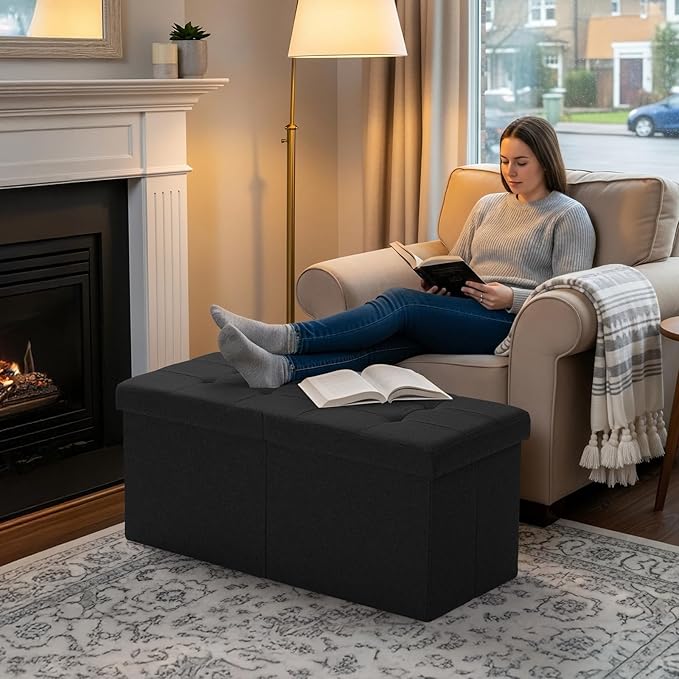 30-INCH Storage Ottoman Bench, Footrest with Storage, End of Bed Bench Coffee Table for Living Room, Bedroom, Entryway, Black