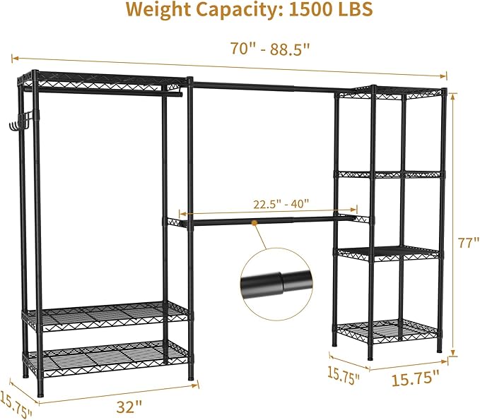 Golpart Heavy Duty Garment Rack Clothes Rack,Large Metal Closet Organizer System Storage Wardrobe,Freestanding Clothing Rack with 7 Adjustable Wire Shelves&3 Hang Rods,MaxLoad 1500lbs