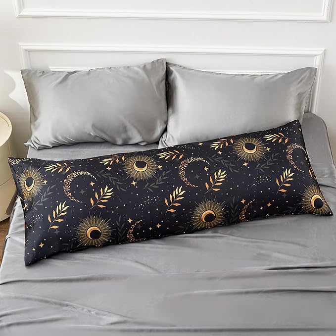 EXQ Home Satin Pillowcase for Hair and Skin Body- Multicolor Printed Black Moon Silk Pillowcase 20x54 inches - Body Pillow Cases with Envelope Closure, Gifts for Women