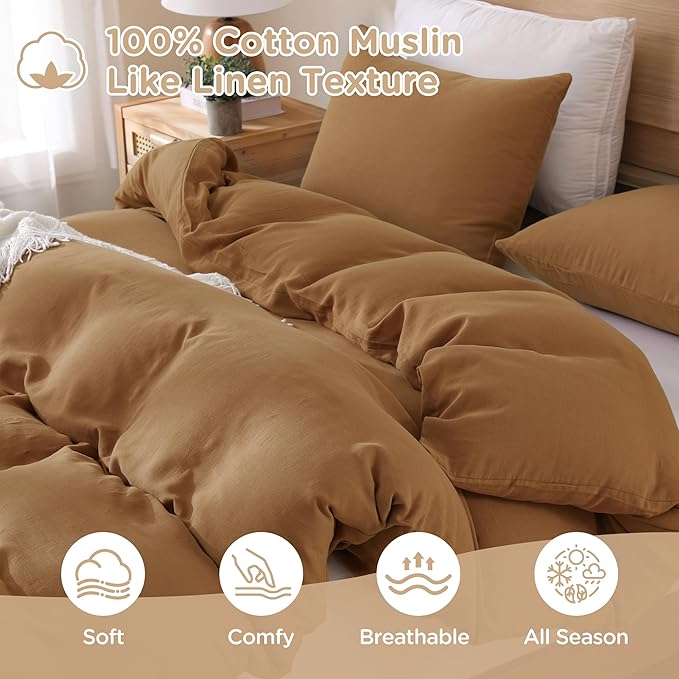 TOCOMOA Muslin Duvet Cover 100% Cotton Like Linen Texture Breathable Soft Comfy 3-Piece Burnt Orange Comforter Cover Fall Bedding Set (King 104"x90", Comforter Not Included)