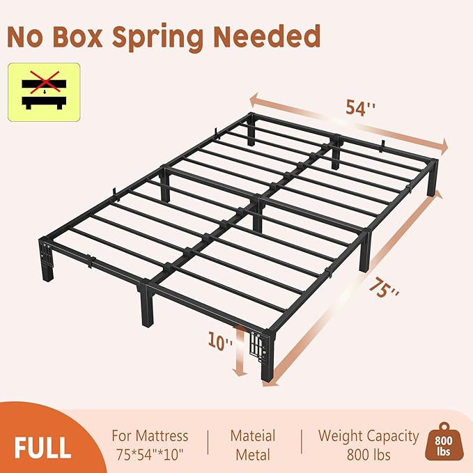 GarveeHome 10 Inch Full Bed Frame, Heavy Duty Metal Platform Bed Frame with Iron Slat Support, No Box Spring Needed, Tool-Free Assembly, Supports 800 Lbs