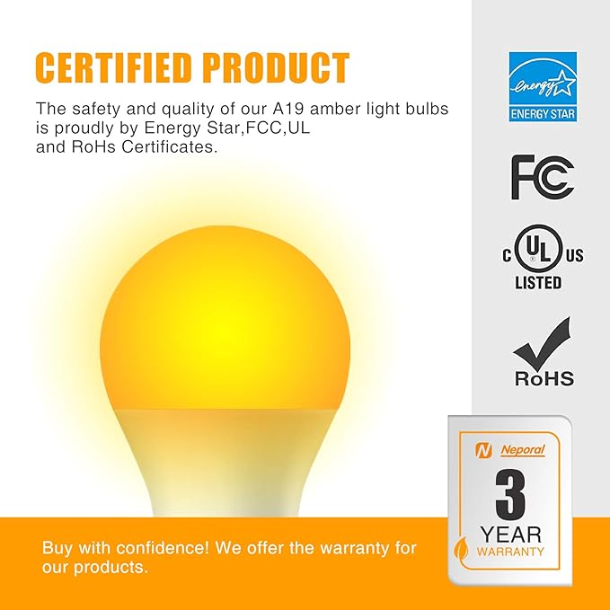 Neporal Amber Light Bulbs, 9W, 60W Equivalent, A19, Soft, Blue Light Blocking, Warm, 1800K, Night Light, Dim, Healthy Sleep and Baby Nursery (6)