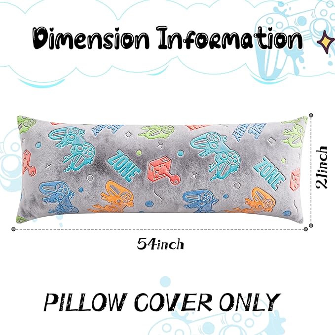 Cloele Body Pillow Cover Glow in The Dark Long Pillow Cases Full Length Pillow Case - 21x54 inches Grey Game Controller Ultra Soft Body Pillowcase for Kids Boys Decorative Body Pillow Pillowcases