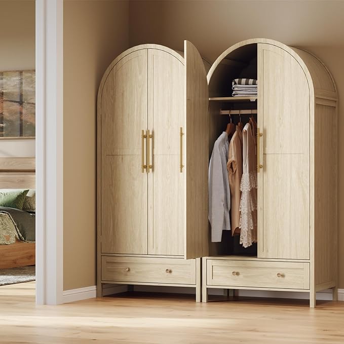 VINGLI Arched Wardrobe Closet Armoire with Doors and Drawer, 70" Tall Wooden Wardrobe Cabinet,Clothing Storage Cabinet, Large Capacity Storage, Natural Oak