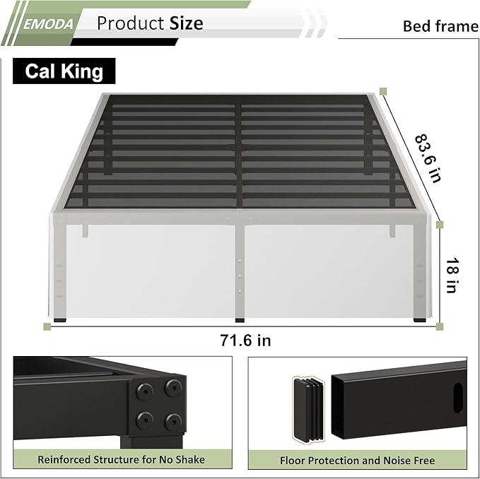 EMODA 18 Inch California King Bed Frames with White Cover, Heavy Duty Metal Cal King Platform Bed Frame No Box Spring Needed, Noise Free