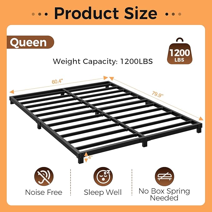 4 Inch Bed Frames Queen Size Low Profile Metal Platform Bed Frame Heavy Duty Steel Slat Support, No Box Spring Needed, Easy Assembly, Noise Free