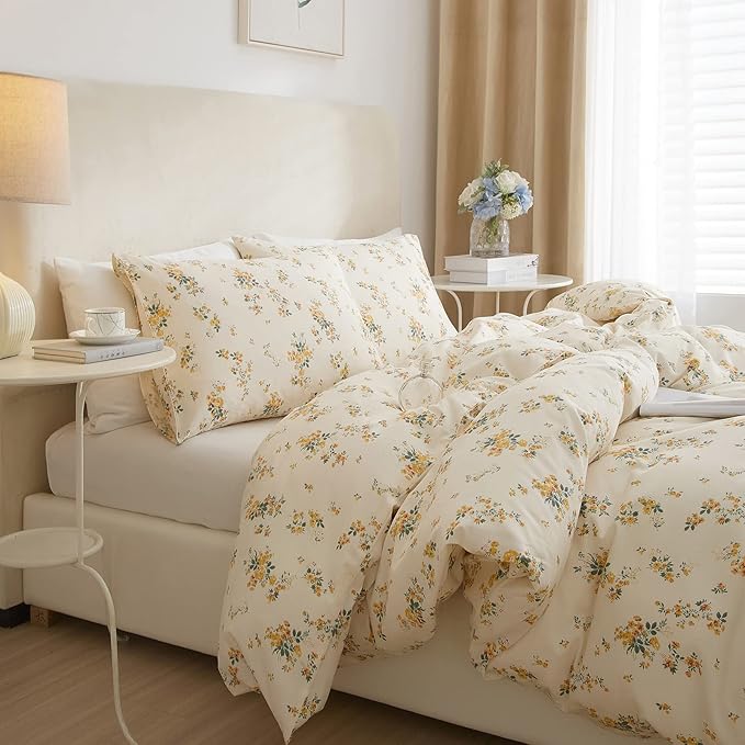 mixinni Aesthetic Floral Duvet Cover Set Twin XL Size, Farmhouse Boho Yellow Flowers Leaves Cute Bedding Set for Women, 1 Soft Cotton Chic Duver Cover and 2 Pillowcases for All Seasons-Twin XL Size