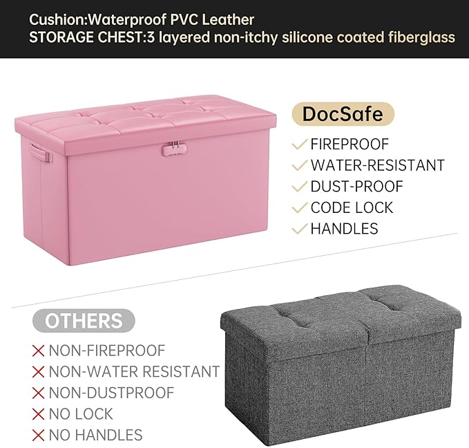 DocSafe Storage Ottoman Bench with Lock,Fireproof 30 Inches Folding Bench Foot Rest Stool Storage Chest Safe for Living Room,Bedroom,Home Office,Waterproof Leather Ottoman with Handles,Pink