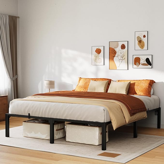 16 Inch Full Metal Bed Frame, Heavy Duty Metal Platform Bed Frame with Reinforced Slats Support, 800 Lbs Load Capacity, Noise Free, No Box Spring Needed and Screws , Tool-Free Assembly Bed Frame