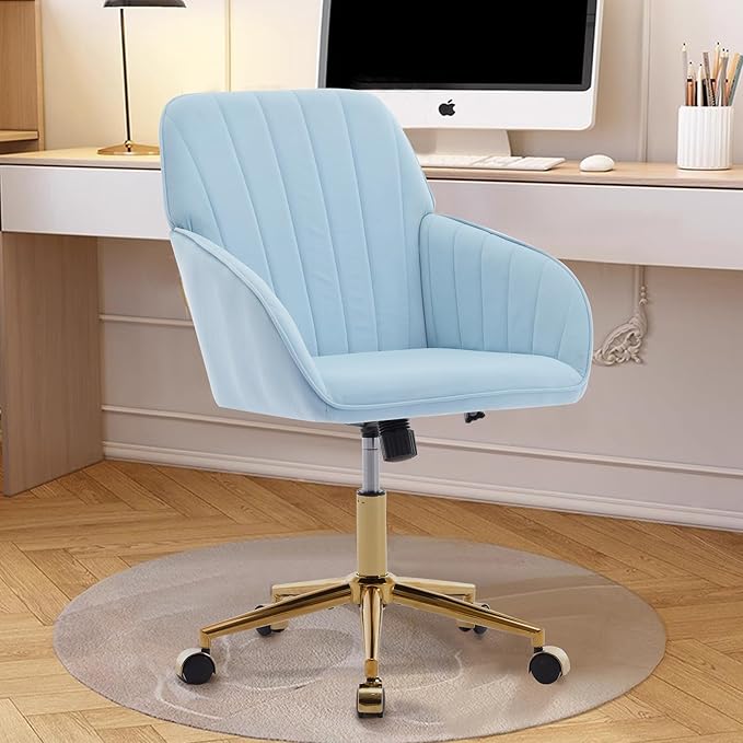 Velvet Vanity Chair with Wheels, Height Adjustable Swivel Makeup Chair, Armless Small Desk Chair for Bedroom/Office/Vanity Table, 250 lbs Capacity (Velvet, Blue-2)
