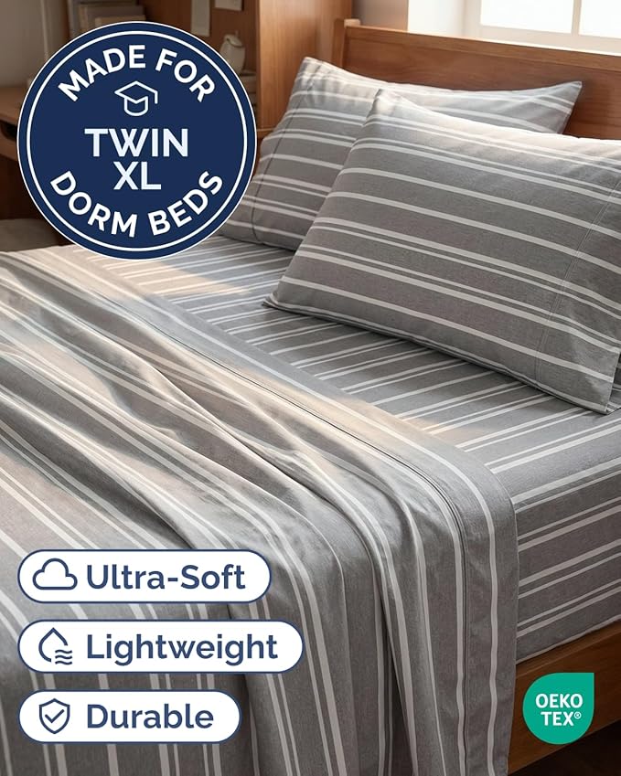 Twin XL 4 Piece Sheet Set - Comfy, Breathable & Cooling - Soft Hotel Luxury Bedding for Women, Men, Kids, Teens & Children - 1 Flat & 1 Fitted Sheet & 2 Pillowcases w/ Deep Pockets - Grey Stripes 3
