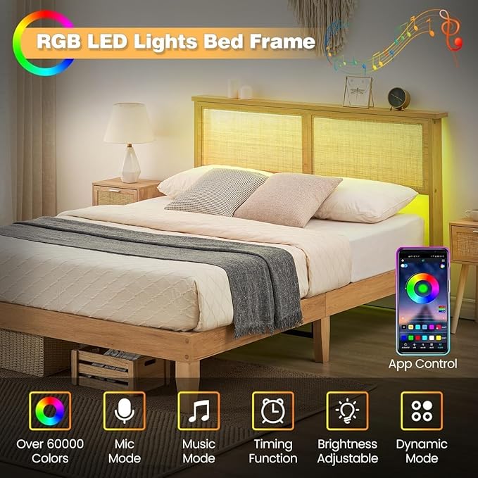 GAOMON Queen Size Rattan Bed Frame, Rattan Bed with LED Light & Natural Headboard, Boho, Storage Space Underneath, Sturdy Wooden Slats Support, No Box Spring Needed