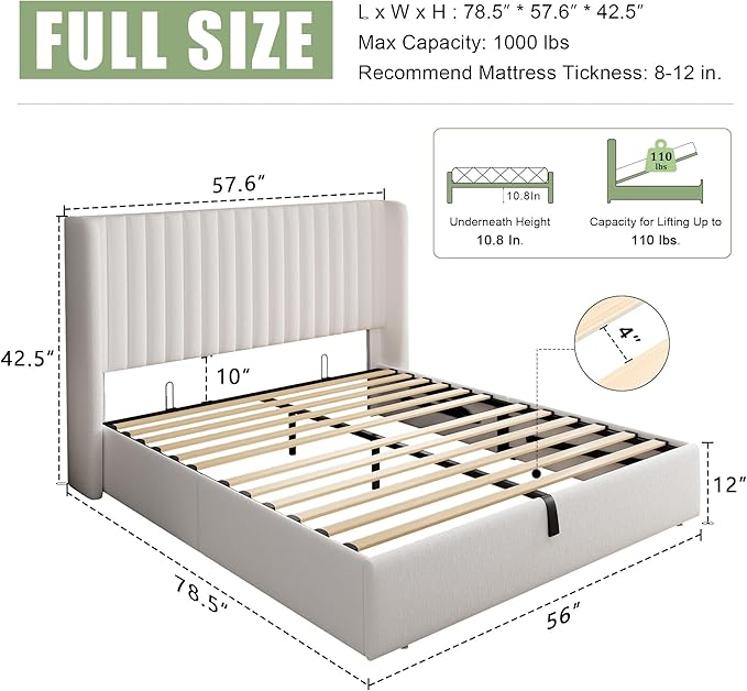 Feonase Full Size Lift Up Storage Bed Frame, Velvet Upholstered Platform Bed Frame with Wingback Headboard, Hydraulic Storage, No Box Spring Needed, White
