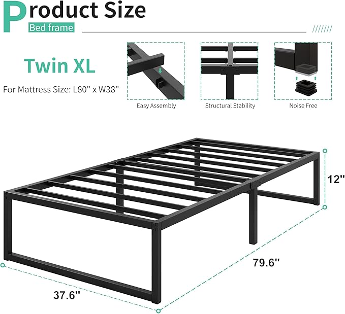 Lutown-Teen 12 Inch Twin XL Bed Frames Heavy Duty Sturdy Metal Platform Bed Frame No Box Spring Needed, Noise Free, Easy Assembly, Black
