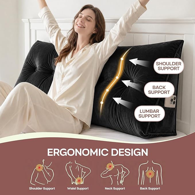 Headboard Pillow Queen, Triangle Wedge Pillow for Headboard, Ergonomic Backrest Cushion for Reading Sitting Working Removable Crystal Velvet Cover for Bed Dorm Sofa (Black, Queen)