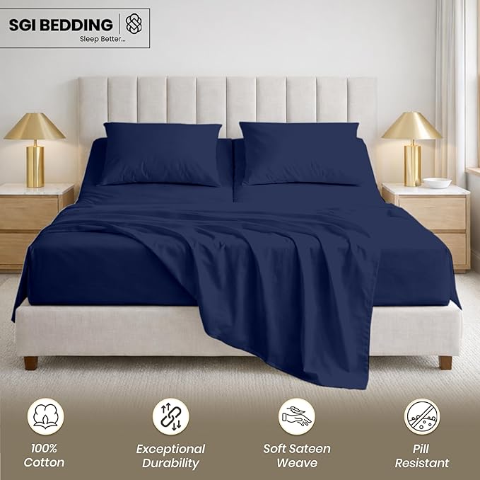 SGI bedding 32" King Split Top Flex Head Sheet Set – 1000 Thread Count, 100% Egyptian Cotton, 4-Piece Set for Adjustable Beds, 15" Deep Pocket – Navy Blue