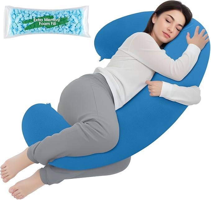 TranquilRelax C Shaped Body Pillow for Side Sleepers, Memory Foam Long Pillow for Leg, Hip & Back Support, Soft Washable Cover,Light Blue-53"*10"
