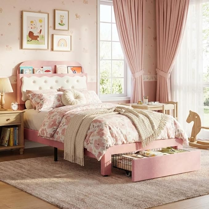 Garvee Twin Bed Frames, Velvet Upholstered Platform Bed with Biscuit Tufted Storage Headboard, Drawer, Sturdy Wood Slats, No Box Spring Needed, Easy Assembly