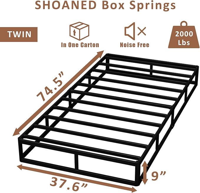 SHOANED Metal Box Spring Twin Size - 9 Inch High Profile Heavy Duty Black Bed Base Non Slip Mattress Foundation Box Springs for Twin Bed, Easy Assembly, No Noise