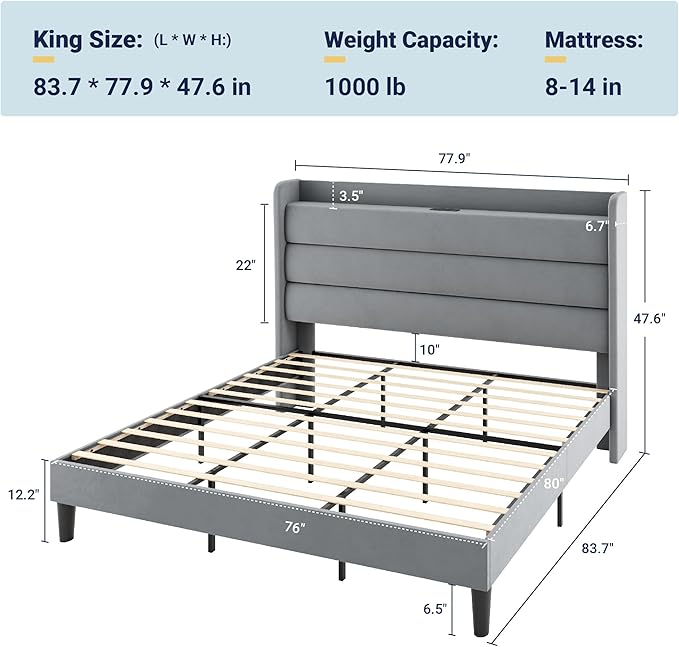 Allewie King Size Upholstered Bed Frame with Charging Station & Storage Headboard, Soft Velvet Wingback Platform Bed, Strong Wooden Slats Support, No Box Spring Needed, Easy Assembly, Light Grey