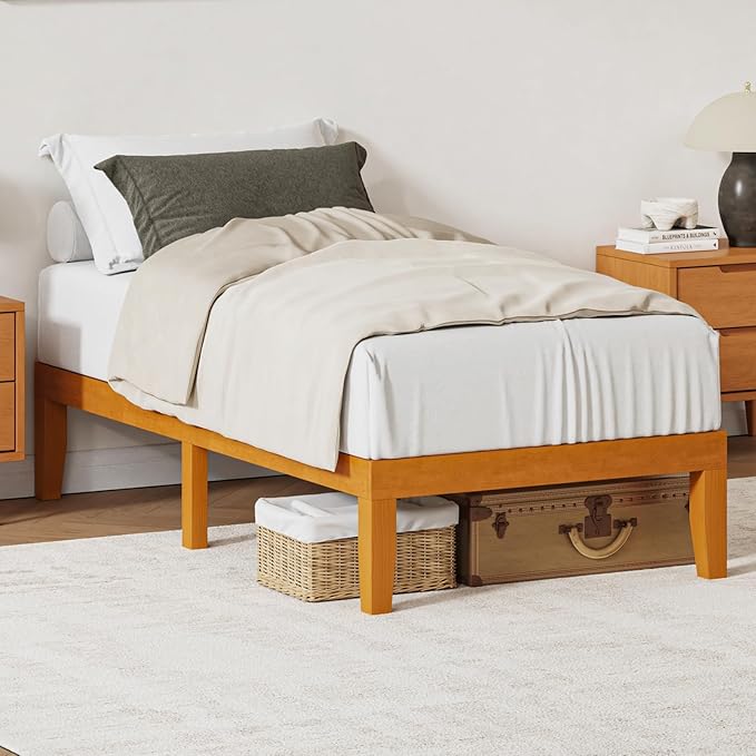 DUMOS 14 Inches Twin Size Wood Platform Bed Frame, Solid Wooden Mattress Foundation with Heavy Duty Wood Slat Support, Sturdy, No Box Spring Needed, Natural Pine