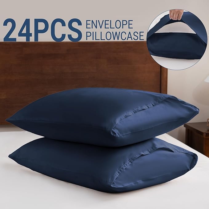 Pillowcases Standard Size 24 Pack - Bulk Pillow Cases with Envelope Closure, Soft Brushed Microfiber Pillow Covers Hospital Hotel Airb&bs Essentials for Hosts (20x26, Navy Blue)