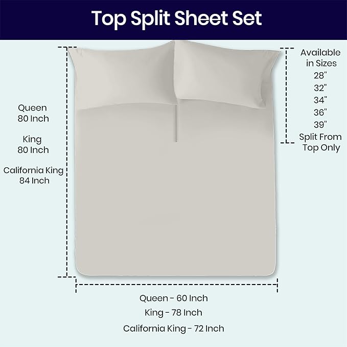 SGI bedding 36" Cal King Split Top Flex Head Sheet 100% Egyptian Cotton Sheet Set 1000 Thread Count Flex Top Sheet for Adjustable Bed 4Pc Sheet Set 15" Deep Pocket for Sleep Number Bed - Silver