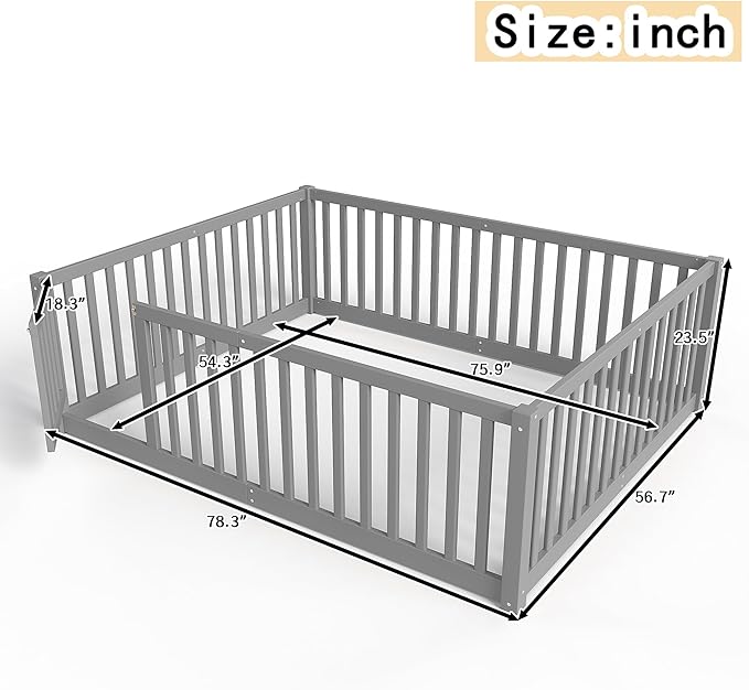 Bellemave Full Size Montessori Floor Bed with 23.5" High Rails, Pine,Plywood Floor Bed with Small Door, Grey