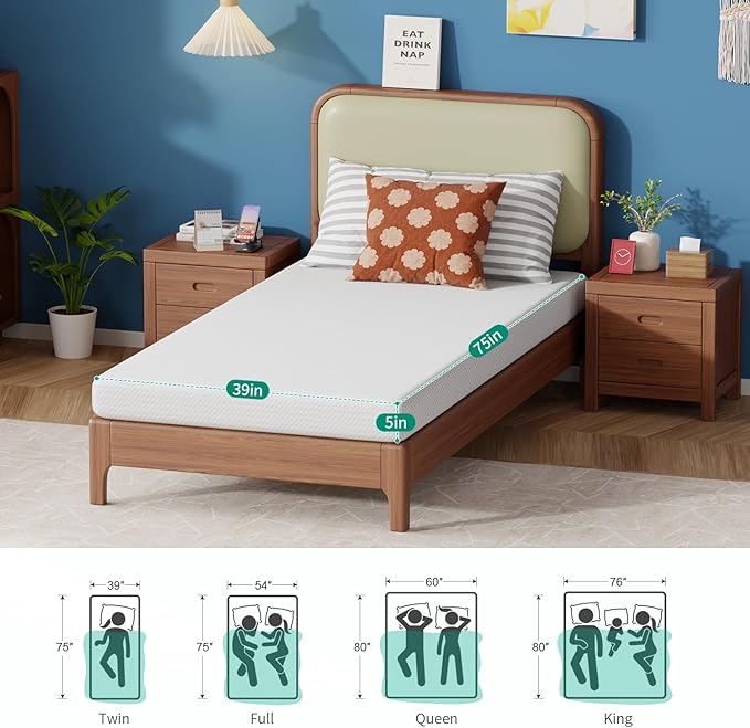 FDW 5 Inch Twin Mattress, Medium Firm Gel Memory Foam, Cooling Ventilated Foam, Pressure Relief, White, Removable Washable Cover, Bed in a Box, CertiPUR‑US Certified
