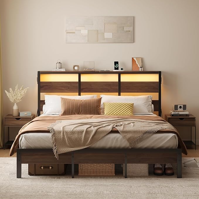 Bestier King Size Bed Frame with Headboard and Charging Station,Platform King Bed Frame with LED Light, Non-Slip Metal Bed Frame, Noise-Free, Easy Assembly,Walnut