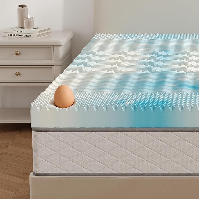 DUMOS Queen 3 Inch Gel Memory Foam Mattress Topper with 5-Zone Support, Cooling Infused Pressure Relief Pad for Back & Hip Pain, Portable Soft Bed Topper for Dorm, RV, Camping, Blue