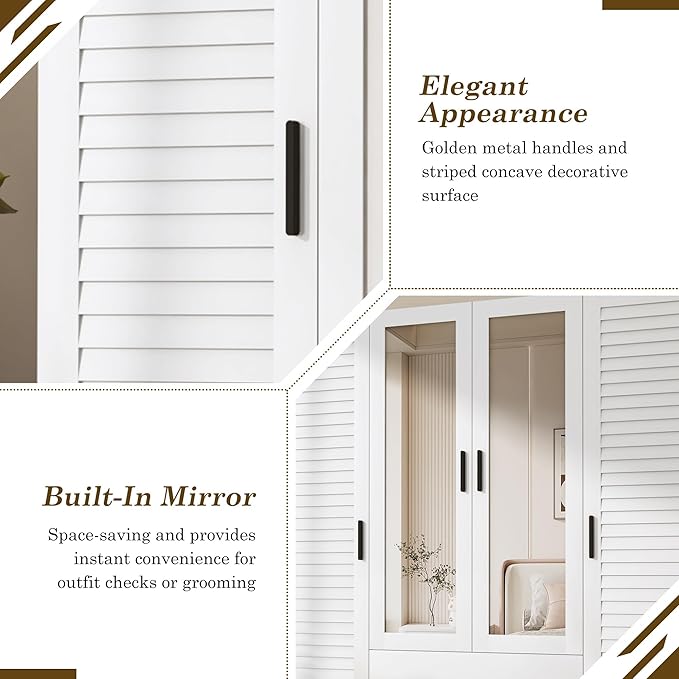 jiteentarou 4 Door Armoire Wardrobe Closet Cabinet with Drawers and LED Lights, Multi-Tier Shelves, Hanging Rod & 4 Louver Doors, Large Capacity Storage Wardrobe Armoire for Bedroom(4 Doors White) | 4 Door, Armoire, with Drawers, LED Lights, Multi-Tier...