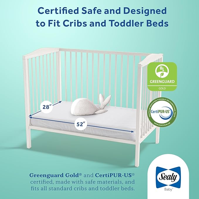 Sealy Butterfly 2-Stage Dual Firm Antibacterial Foam Baby Crib Mattress & Toddler Bed Mattress, Hypoallergenic Waterproof Memory Foam Crib Mattress, GREENGUARD GOLD Certified,Made in USA,52"x28",White