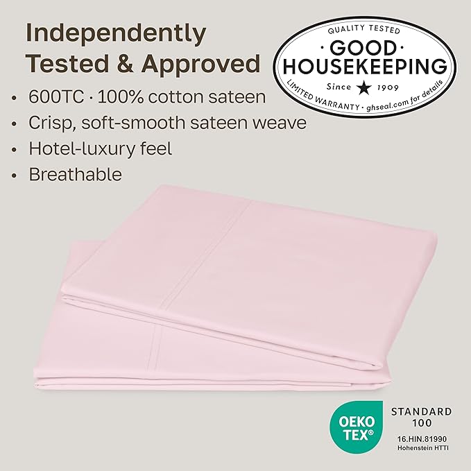 CALIFORNIA DESIGN DEN Luxuriously Soft Hotel Quality 600 Thread Count, 100% Cotton Set of 2 Cases, Crisp & Cool Pillow Case King Size Set of 2, Fits King Pillows (Blush Pink)