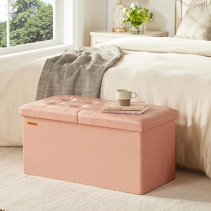 HAUSFRAU - 30 Inches Storage Ottoman Bench with Flipping Lid, Foldable Storage Chest Foot Rest for Living Room, Bedroom, Entryway, Load 660 lb, Synthetic Leather, Pink