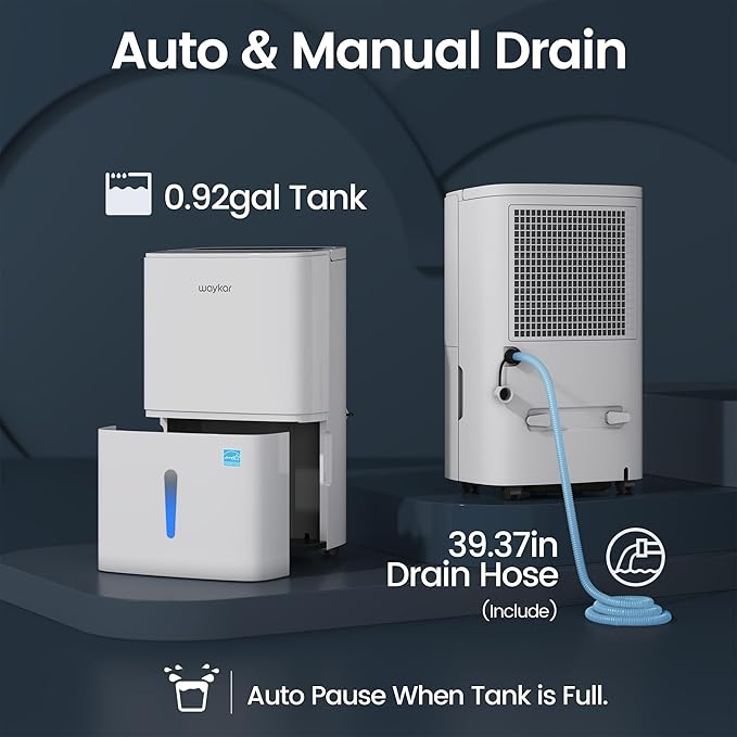 Waykar Max 80 Pint/D(Standard 62Pint/D) Energy Star Home Dehumidifier for Spaces up to 5,000 Sq. Ft, Ideal for Basement, Bathroom and Large Room with Drain Hose, Portable, Auto Defrost and Self-Drying