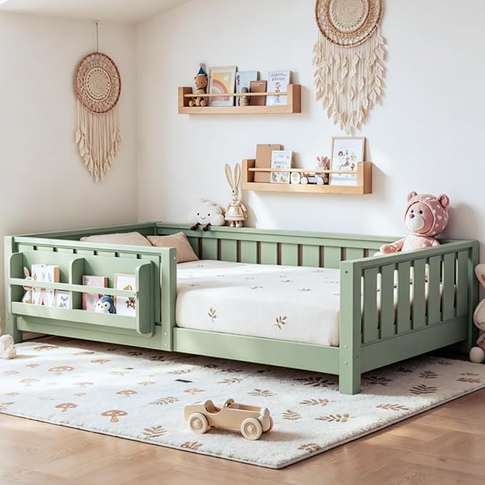 Bellemave Twin Floor Bed Frame with Fence & Bookshelf, Solid Pine Wood Twin Montessori Floor Bed with Slats Load 250LBS, Low Profile Floor Bed for Kids, Bedroom, Nursery, Easy Assembly, Green