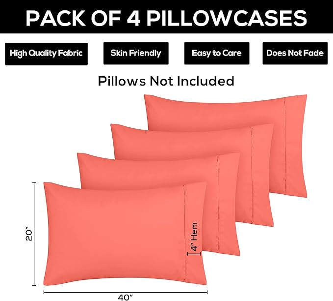 Utopia Bedding King Pillow Cases - 4 Pack - Envelope Closure - Soft Brushed Microfiber Fabric - Shrinkage and Fade Resistant Pillow Covers King Size 20 X 40 Inches (King, Coral)